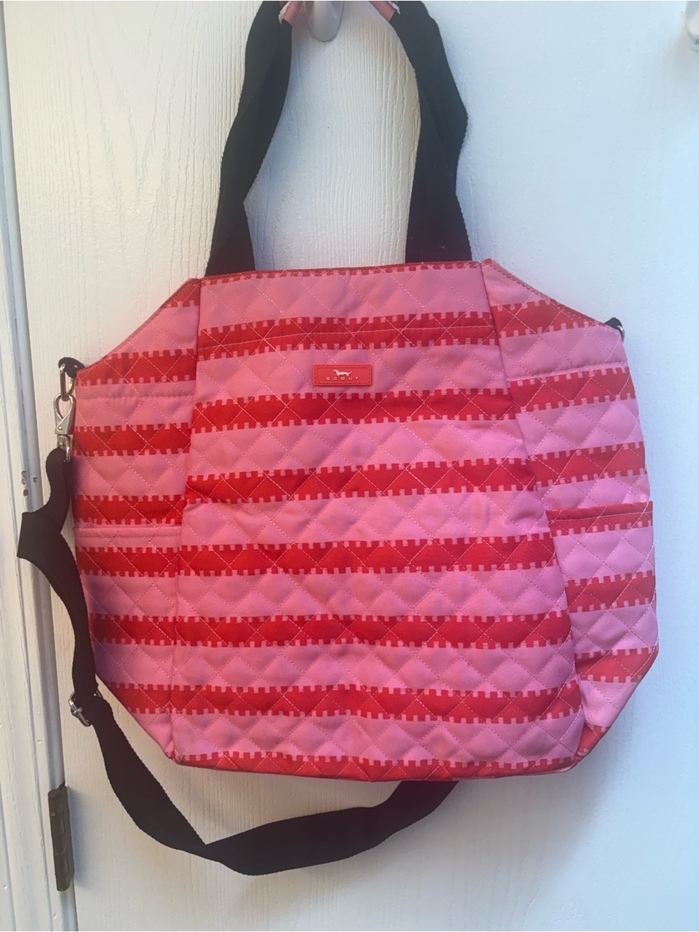Scout Quilted Pink and Red Striped Tote with Black Straps